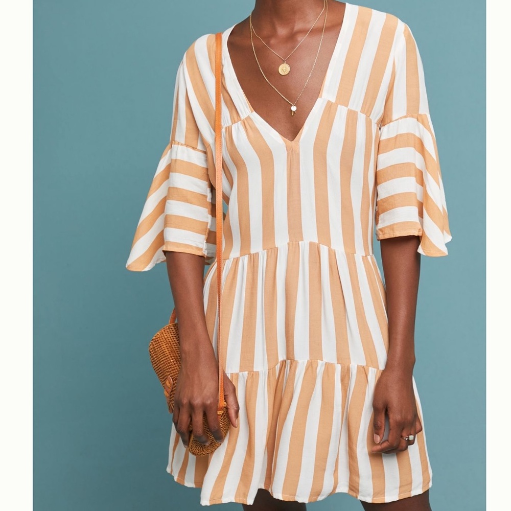 Anthropologie striped flutter sleeve v neck dress